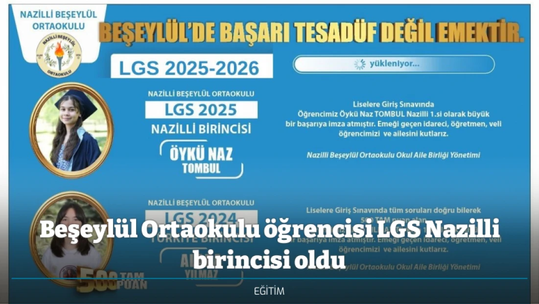 Beşeylül Ortaokulu öğrencisi LGS Nazilli birincisi oldu
