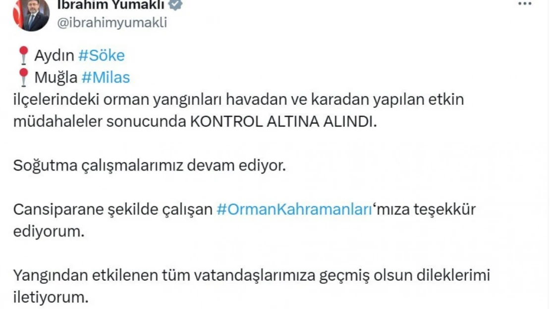 Bakan Yumaklı'dan orman kahramanlarına teşekkür