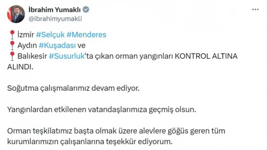 Bakan Yumaklı: 'Kuşadası'ndaki orman yangını kontrol altında'