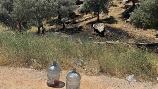 Kaza sonrası çıkan yangın, yol kenarına bırakılan su bidonlarıyla söndürüldü